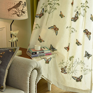 Butterfly Garden Cream Floral Embroidered Linen Style Curtain 1