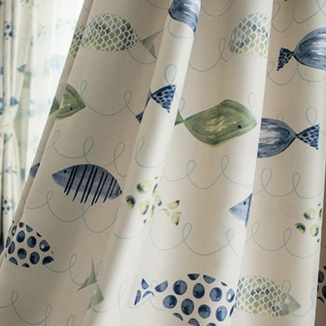 Ocean View Green Blue Fish Nautical Curtain 1