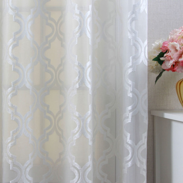 Fancy Trellis Cut Velvet Ivory White Voile Curtain 1