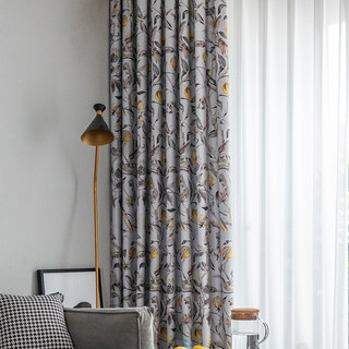 Harvest & Bird Floral Yellow Grey Blackout Curtain 2