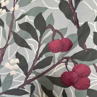 Arbutus Red Berries William Morris Green Floral Velvet Curtain