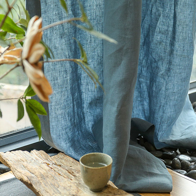 Wabi Sabi Pure Flax Linen Teal Blue Heavy Semi Sheer Curtain 1