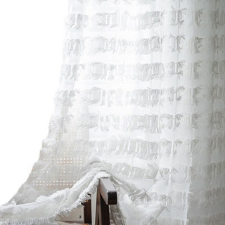 Square Lattice Fringe Trim Geometric White Sheer Curtain