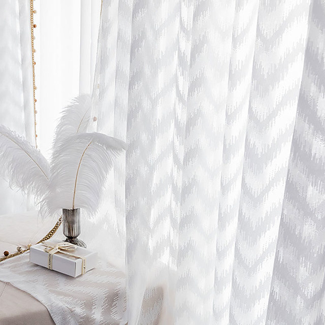 Zigzag Symphony Ivory White Shimmery Geometric Sheer Curtain 1